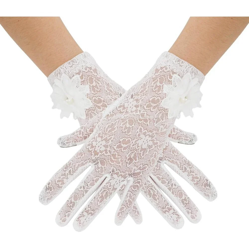 Women's Embroidery White Short Lace Wrist Gloves Design Party Accessories